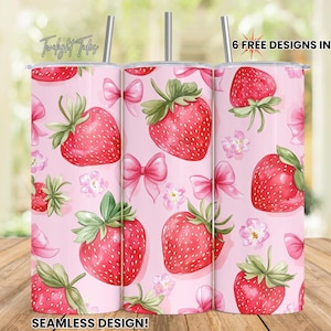 Strawberry Coquette Bow 20 oz Skinny Tumbler Sublimation Design, Pink Coquette Digital Download PNG Instant Download Seamless Tumbler Wrap