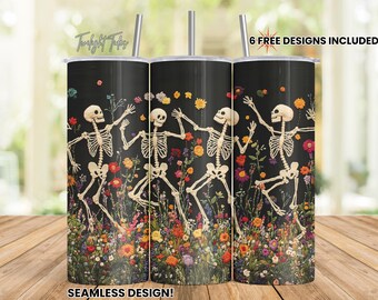 Könnte beinhalten: Drei Skelette tanzen in einem Feld voller bunter Blumen auf schwarzem Hintergrund. Dieses Design ist für einen 20 oz Tumbler.