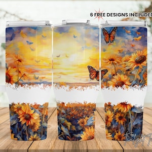May include: Three white handled tumblers with a sunflower and butterfly design. The design features a sunset background with sunflowers and butterflies. The text "6 FREE DESIGNS INCLUDED!" is visible on the top right of the image.