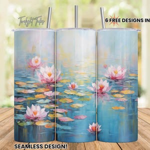 Water Lillies 20 oz Skinny Tumbler Sublimation Design, Monet Inspired Painting Digital Download PNG Instant Download Seamless Tumbler Wrap