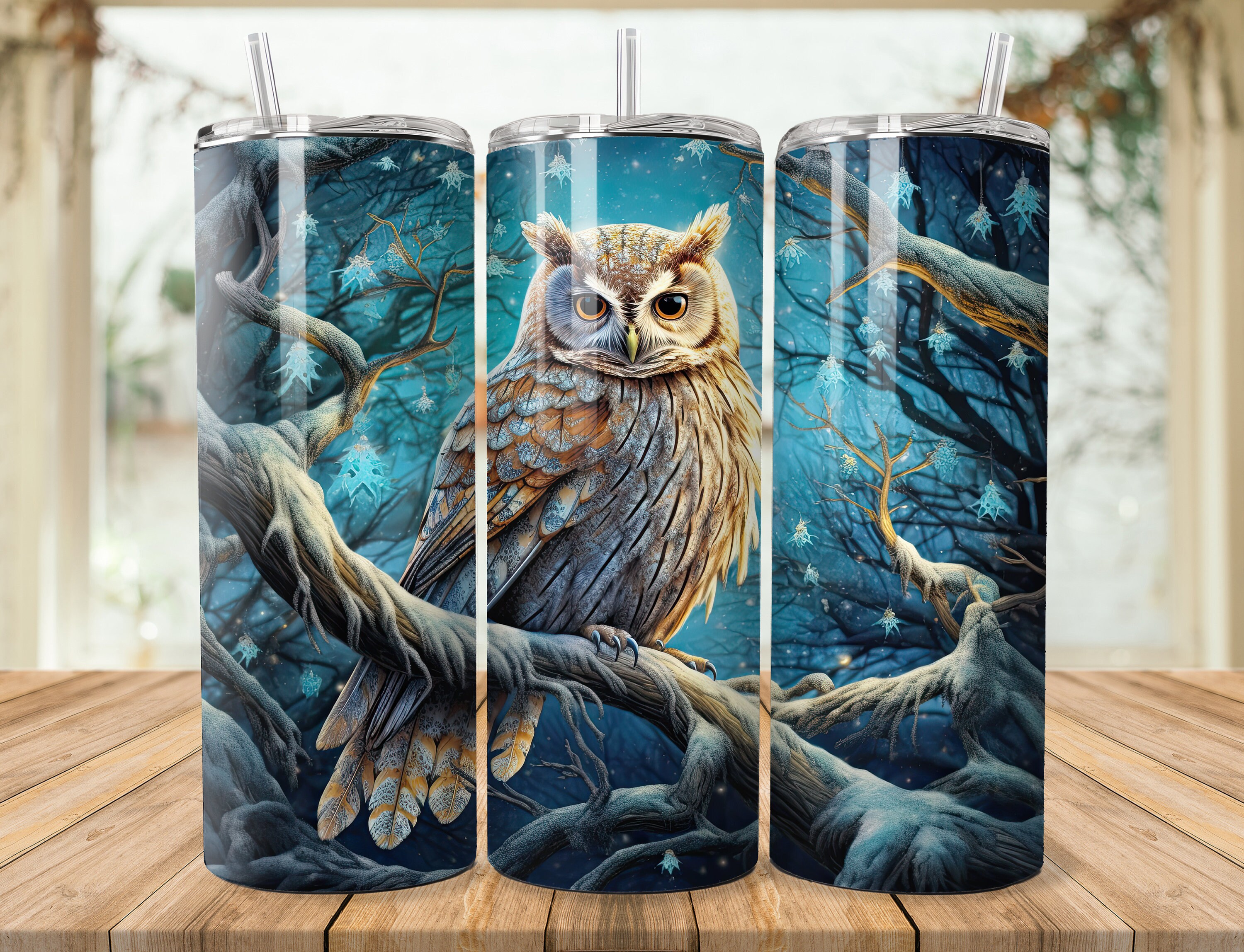 Owl Snowy Forest 20 oz Skinny Tumbler Sublimation Design, Owl Obsessed Instant Digital Download PNG,