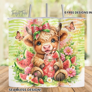 May include: A set of three stainless steel tumblers with a whimsical design. Each tumbler features a cartoon cow with a watermelon bow, surrounded by watermelon slices, flowers, and butterflies. The text "6 FREE DESIGNS INCLUDED!" and "SEAMLESS DESIGN!" are also visible.