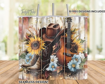 Country Music Sunflowers 20 oz Skinny Tumbler Sublimation Design, Cowboy Guitar Digital Download PNG Instant Download Seamless Tumbler Wrap