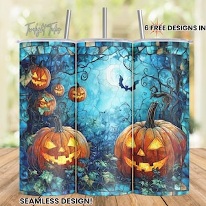 Spooky Pumpkin Bat 20 oz Skinny Tumbler Sublimation Design, Teal Halloween Bats Digital Download PNG Instant Download Seamless Tumbler Wrap