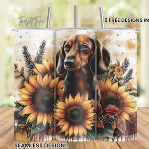 May include: A stainless steel tumbler featuring a dachshund dog surrounded by sunflowers and foliage. The design includes the text "Twilight Today" and "6 FREE DESIGNS INCLUDED!" and "SEAMLESS DESIGN!"
