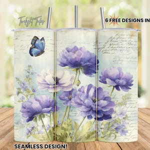 Postal de flores vintage, diseño de sublimación para vaso delgado de 20 oz, descarga digital floral morada PNG, descarga instantánea, envoltura para vaso sin costuras