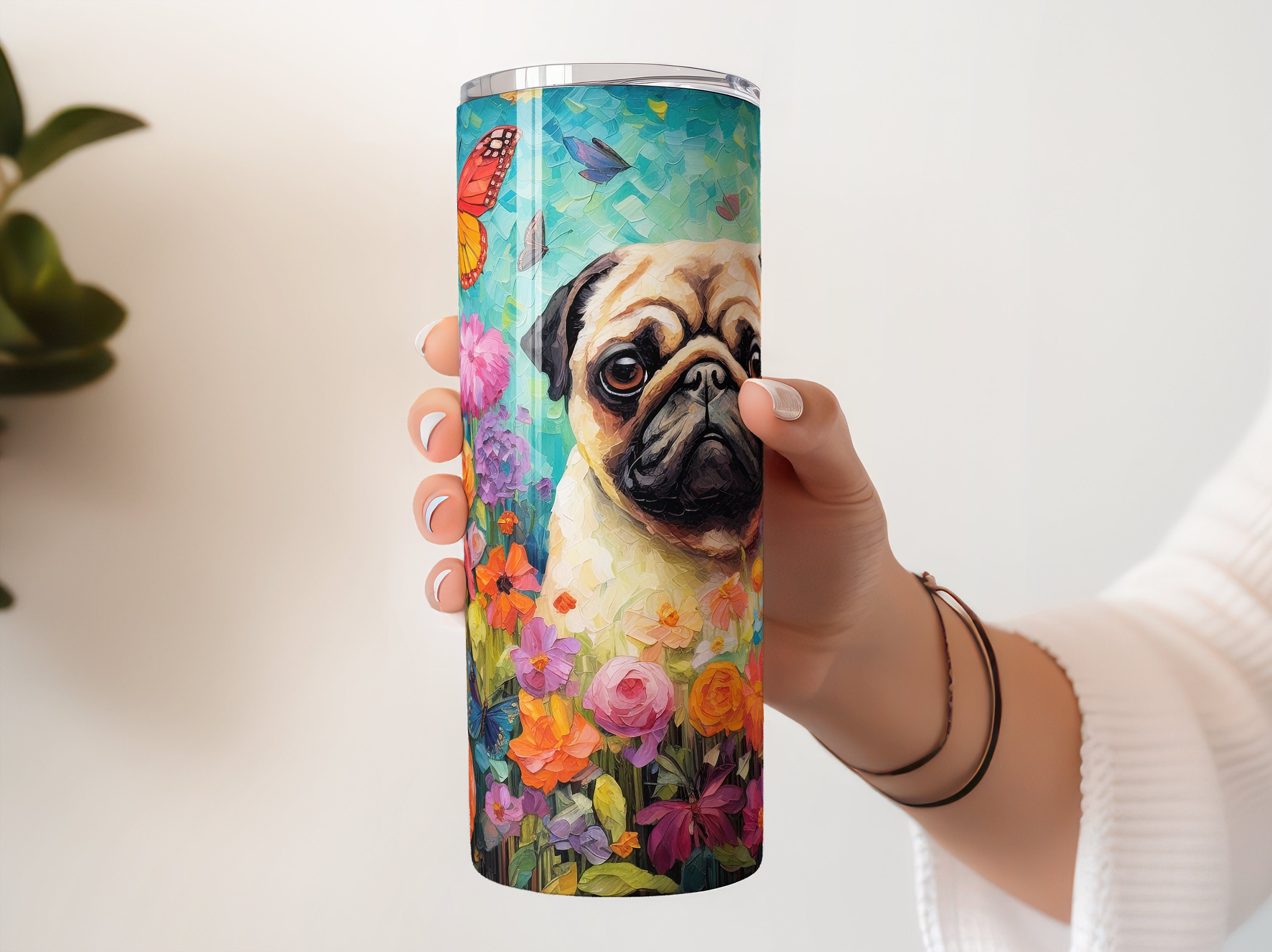 Pug in Flowers 20 Oz Skinny Tumbler Sublimation Design, Brown Dog ...
