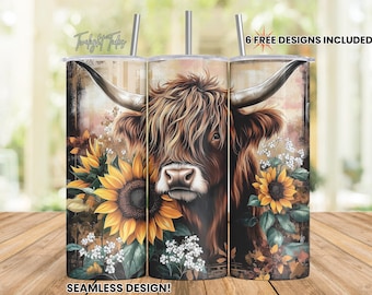 Highland Cow Sunflowers 20 oz Skinny Tumbler Sublimation Design, Shaggy Cow Digital Download PNG Instant Download Seamless Tumbler Wrap