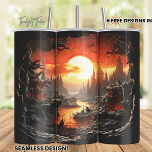 May include: Three stainless steel tumblers with a wraparound design featuring a fantasy landscape with a large sun, dark cliffs, and a river. The tumblers have the text "6 FREE DESIGNS INCLUDED!" and "SEAMLESS DESIGN!"