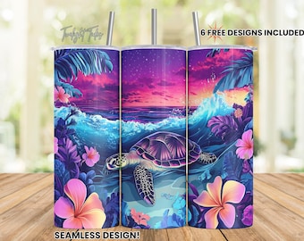 Tropical hibiscus turtle 20 oz Skinny Tumbler Sublimation Design, purple turtle Digital Download PNG Instant Download Seamless Tumbler Wrap