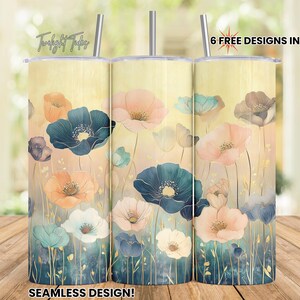 Pastel Peach Flowers 20 oz Skinny Tumbler Sublimation Design, Teal floral Digital Download PNG Instant Download Seamless Tumbler Wrap