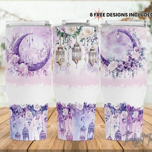 May include: White travel mugs with a wraparound design featuring a purple crescent moon, flowers, and hanging lanterns. The design includes the text "6 FREE DESIGNS INCLUDED!" and is set against a soft, watercolor-style background.