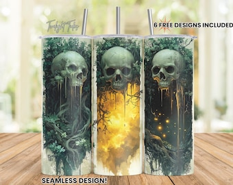 Misty Forest Skulls 20 oz Skinny Tumbler Sublimation Design, Halloween Skull Art Digital Download PNG Instant Download Seamless Tumbler Wrap