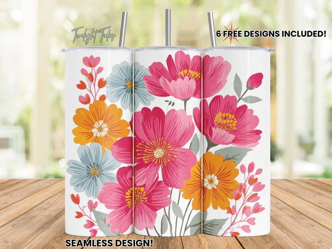 Boho Pink Flowers 20 Oz Skinny Tumbler Sublimation Design, Simple Pink ...
