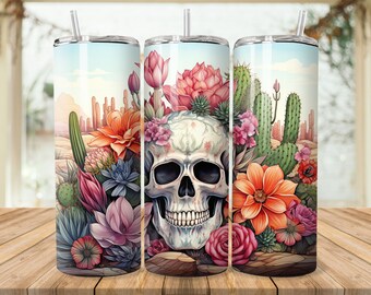 Desert Cactus Skull 20 oz Skinny Tumbler Sublimation Design, Boho Cacti Instant Digital Download PNG, Straight & Tapered Tumbler Wrap PNG
