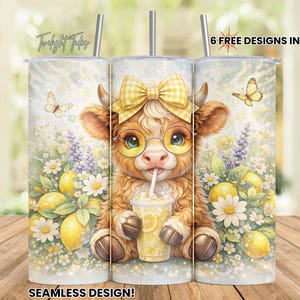 May include: A set of three stainless steel tumblers with a seamless design featuring a cartoon cow wearing glasses and a yellow bow, drinking lemonade. The tumblers are decorated with lemons, daisies, and butterflies. The text "6 FREE DESIGNS INCLUDED!" is visible.