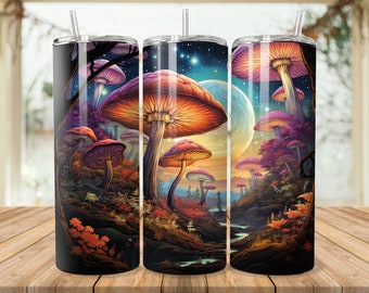 Mushroom Forest 20 oz Skinny Tumbler Sublimation Design Cottagecore Instant Digital Download PNG Straight & Tapered Tumbler Wrap PNG Purple
