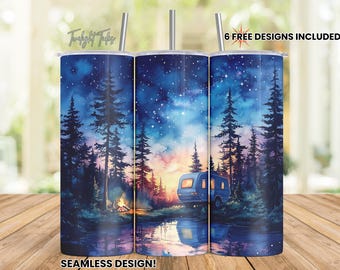 May include: Three stainless steel tumblers with a wrap-around design featuring a camping scene with a starry night sky, trees, a campfire, and a camper. The text "6 FREE DESIGNS INCLUDED!" and "SEAMLESS DESIGN!" are visible.