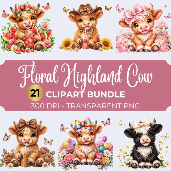 Floral Highland Cow Clipart Bundle, PNG Clipart Transparent Background, Instant Download PNG Files, Commercial Use