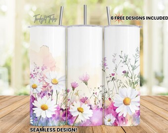 Summer daisy 20 oz Skinny Tumbler Sublimation Design, Pink Wildflower Floral Digital Download PNG Instant Download Seamless Tumbler Wrap