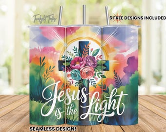 Jesus is the Light 20 oz Skinny Tumbler Sublimation Design, Christian Inspirational Cross Easter Digital Download PNG Seamless Tumbler Wrap