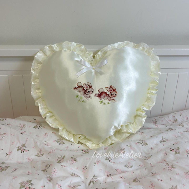 Throw Pillow – Coquette Room Decor, Satin Lace Heart Pillow, Shabby Chic Bedroom Decor, Galentine’s Gift image 1