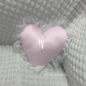 Throw Pillow – Coquette Room Decor, Satin Lace Heart Pillow, Shabby Chic Bedroom Decor, Galentine’s Gift