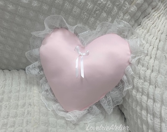 Throw Pillow – Coquette Room Decor, Satin Lace Heart Pillow, Shabby Chic Bedroom Decor, Galentine’s Gift