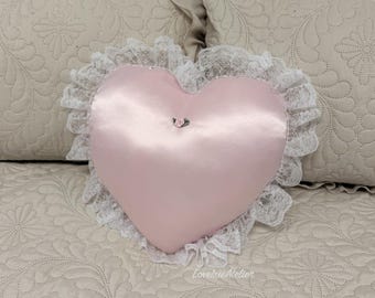 Satin Lace Heart Throw Pillow, Shabby Chic Bedroom Decor, Coquette Room, Girls Nursery