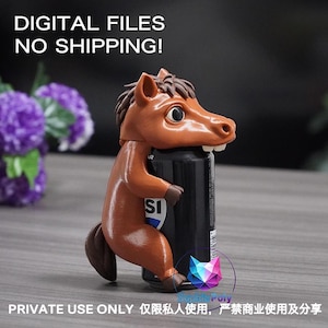 May include: A brown horse figurine designed to hold a beverage can, featuring a dark brown mane, large eyes, and visible teeth. The text DIGITAL FILES NO SHIPPING! and PRIVATE USE ONLY is displayed alongside a colorful geometric logo graphic.