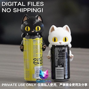 May include: Two cat-shaped can toppers, one black and one white, each featuring large yellow eyes and small white fangs. The black cat topper is placed on a yellow Monster energy drink can, and the white cat topper is on a black soda can.