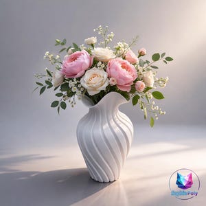 Peut inclure: Un vase blanc cannelé contient un bouquet de pivoines roses et blanches, du gypsophile blanc et du feuillage vert. Le vase a une forme incurvée unique et repose sur une surface gris clair. L'image a un éclairage doux.