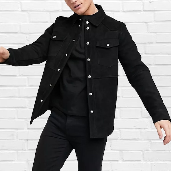 Veste chemise homme noire en cuir suédé - Coupe ajustée Fermeture bouton