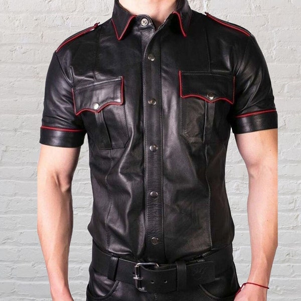 Chemise en cuir pour homme avec passepoil rouge || Chemise en cuir d'agneau véritable pour homme || Chemise style police à manches courtes de couleur noire