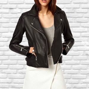 Handmade Women&#39;s Black Lambskin Leather Biker Jacket