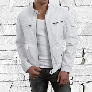 Men's White Genuine Lambskin Slim Fit Biker Jacket, Men's White 100% Real Leather Motorcycle Jacket, Leather Jacket, Gift For Him