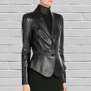 Veste blazer noire en cuir véritable souple pour femme, manteau blazer fait main en cuir noir pour femme