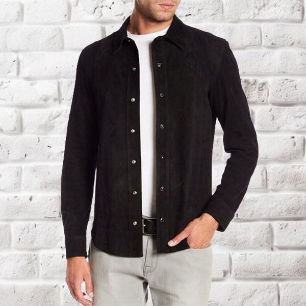Chemise en cuir suédée pour homme, veste en daim noire, veste chemise pour homme, chemise à boutons-pression en cuir suédé de style occidental