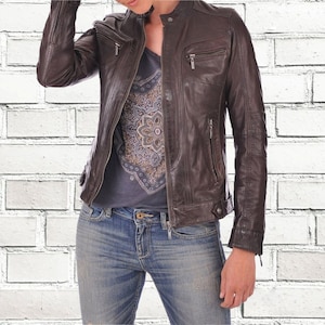 Femme vintage Cafe Racer marron en cuir véritable coupe slim véritable veste de motard pour femme en cuir souple marron