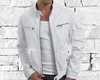 Men&#39;s White Lambskin Leather Biker Jacket: Slim Fit Motorcycle Style