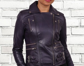Women Handmade Slim Fit Biker Motorcycle Real Cafe Racer Leather Jacket | Women Sheepskin Purple Motorcycle Genuine Real Leather Jacket