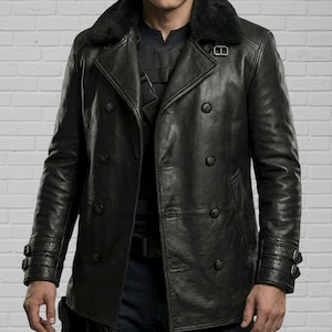 May include: A black leather double-breasted jacket featuring a dark faux fur collar, wide lapels, and six front buttons. The sleeves include adjustable buckled straps at the cuffs, and the jacket has a structured fit with a smooth, matte finish.