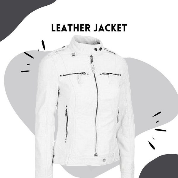 Women White Genuine Lambskin Leather Biker Jacket, Women White Leather Ladies Slim Fit Motorcycle Jacket, Women Jacket, Gift 100 % woman
