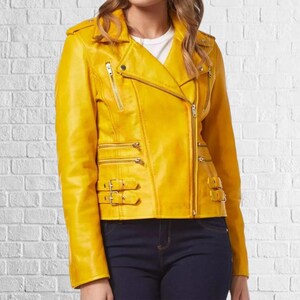 Blouson en cuir véritable pour femme en cuir d'agneau véritable, jaune, manteau de moto motard élégant à col ||| Cadeau pour elle