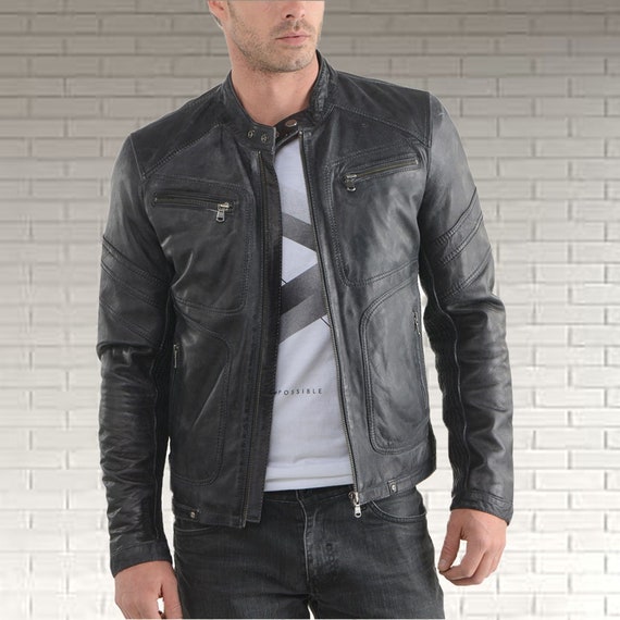 Black Leather Racer Jacket Leather Jacket Men, Men's Leather