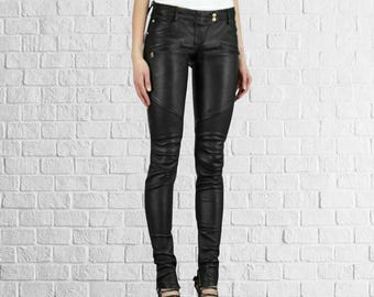 Women's Black Stretchable Leather Pants Designers Motorcycle biker skinny pants