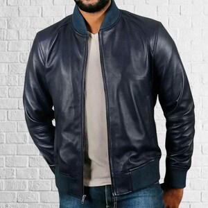 Blouson en cuir bleu marine pour homme, coupe slim, veste de motard en cuir d'agneau véritable bomber pour homme ||| Cadeau pour lui