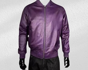 Men's Purple Leather Bomber Jacket | Vintage Zip Up Coat | Casual Streetwear Outerwear | Statement Fall Winter Jacket for Men