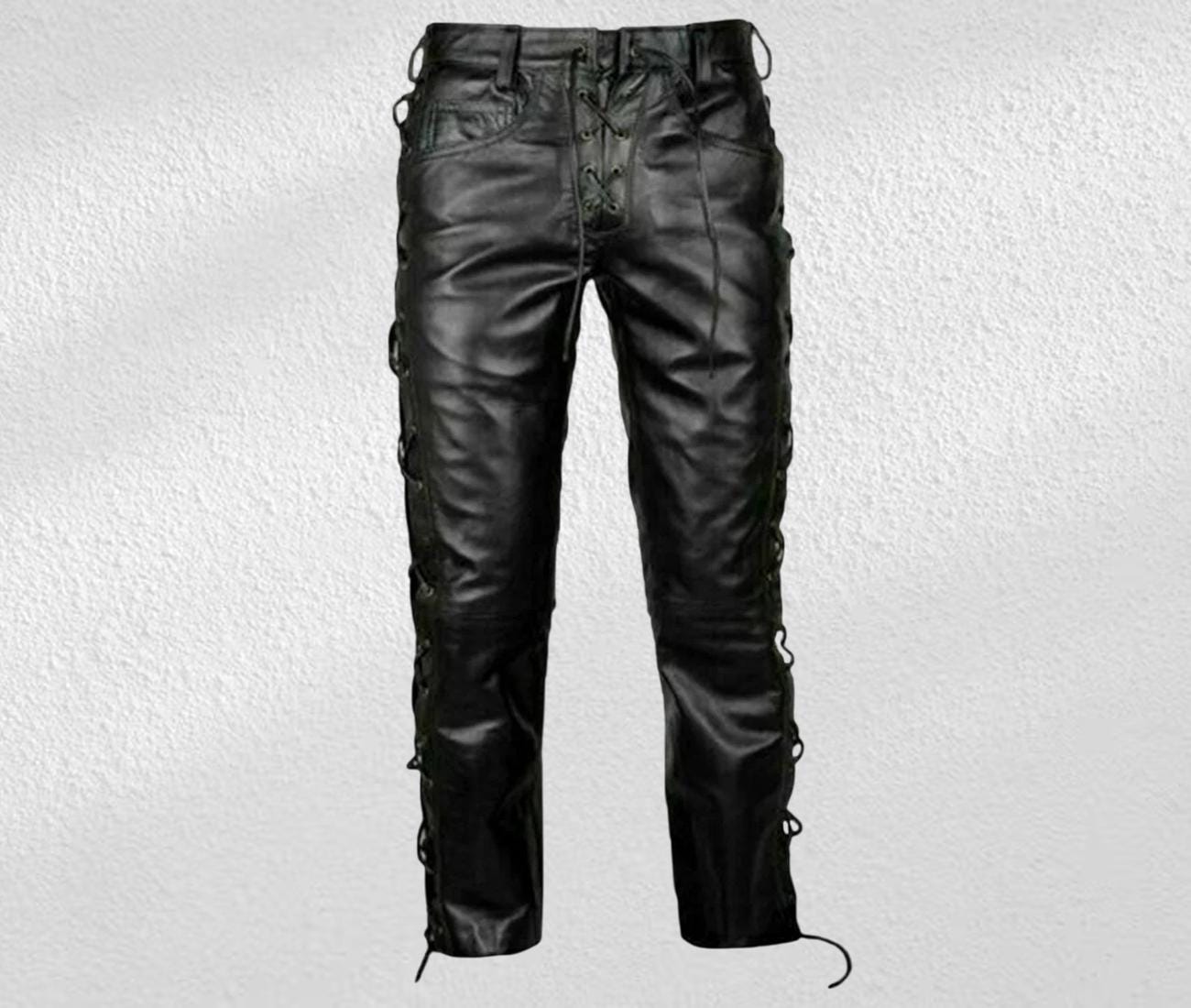 Men's Lambskin Black Leather Biker Pants, Skinny Motorcycle Design