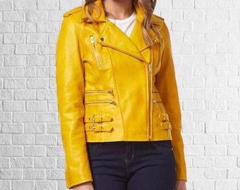 Yellow Lambskin Leather Biker Jacket: Women's Moto Style Coat